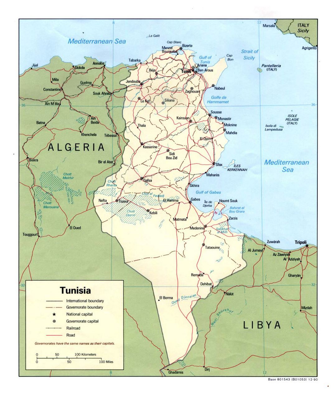 Detailed political and administrative map of Tunisia with roads, railroads and major cities - 1990