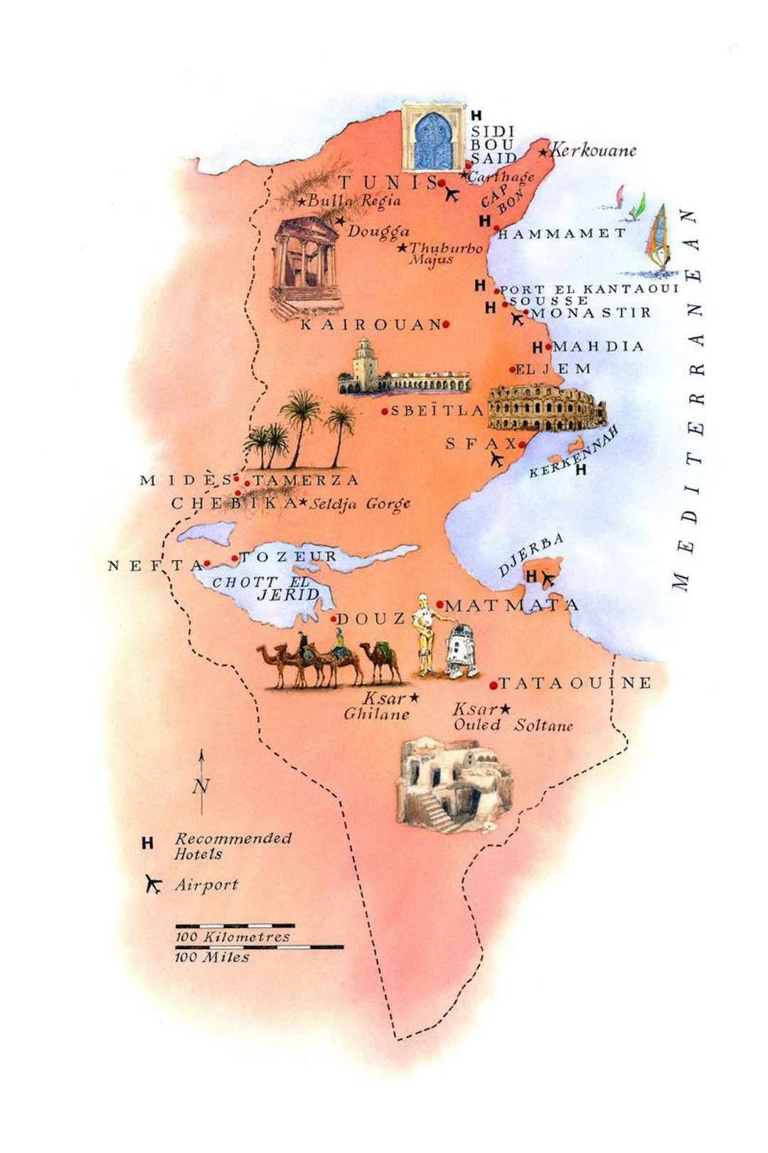 Detailed tourist illustrated map of Tunisia
