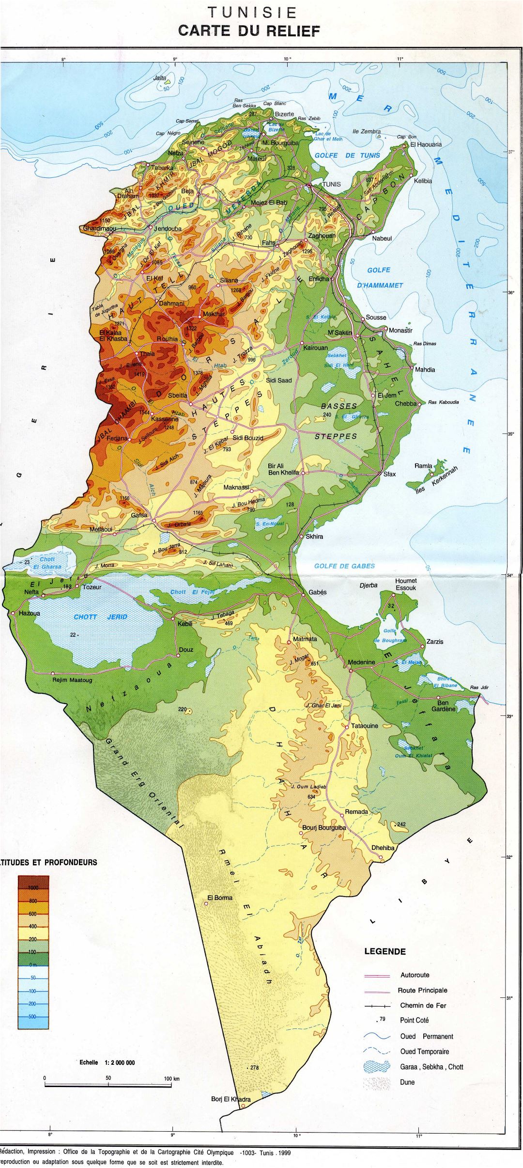 Large detailed physical map of Tunisia