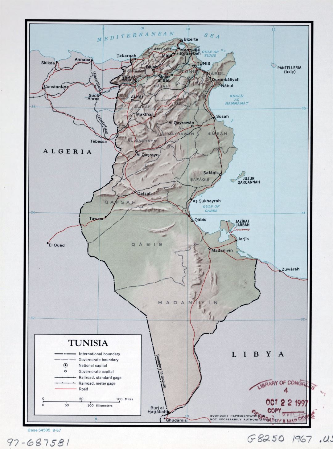 Large detailed political and administrative map of Tunisia with relief, roads, railroads and major cities - 1967