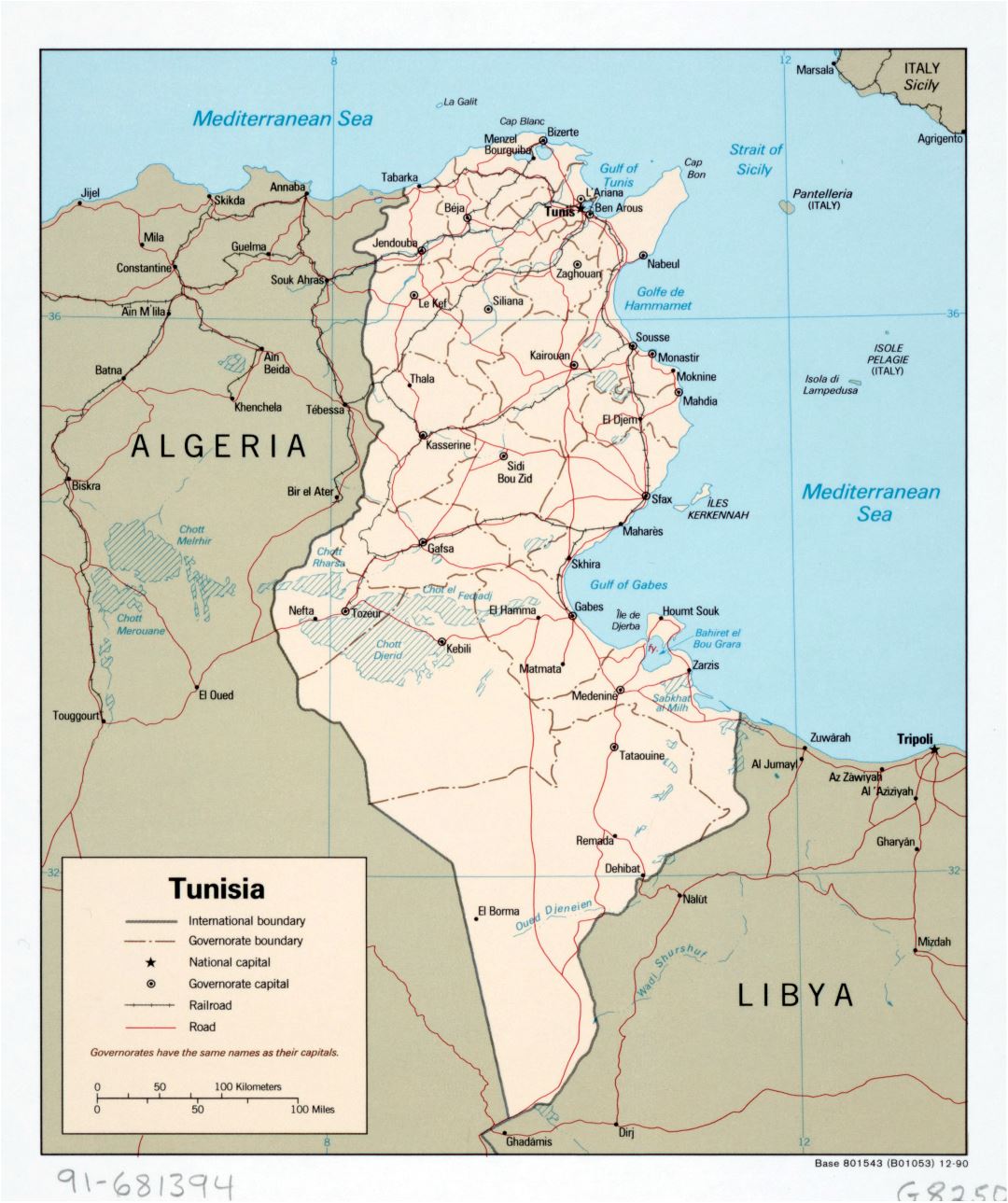 Large detailed political and administrative map of Tunisia with roads, railroads and major cities - 1990