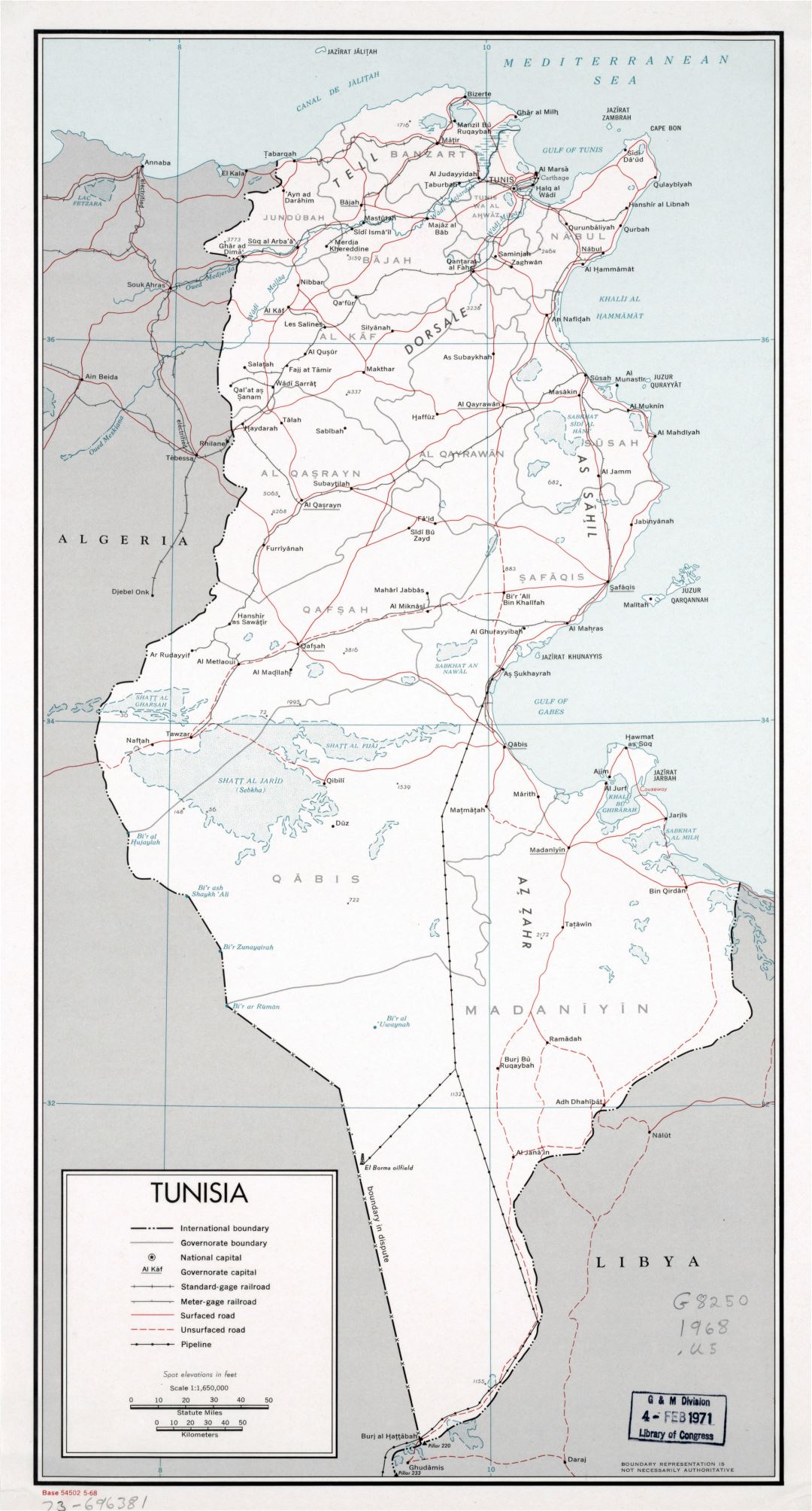 Large detailed political and administrative map of Tunisia with roads, railroads, pipelines and major cities - 1968