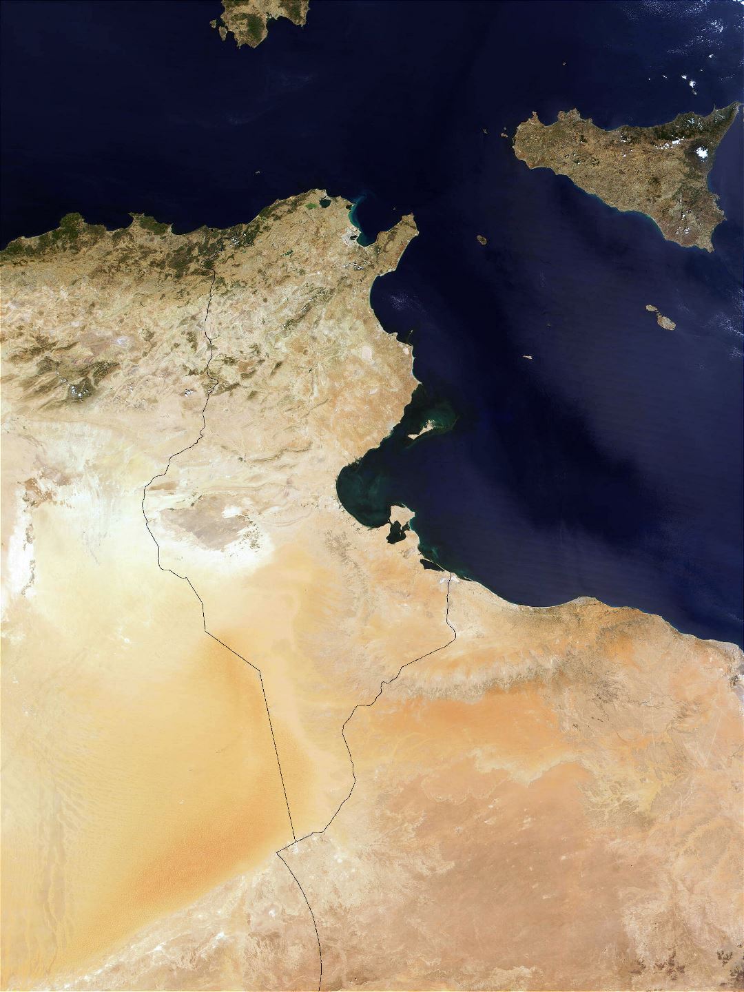 Large detailed satellite map of Tunisia