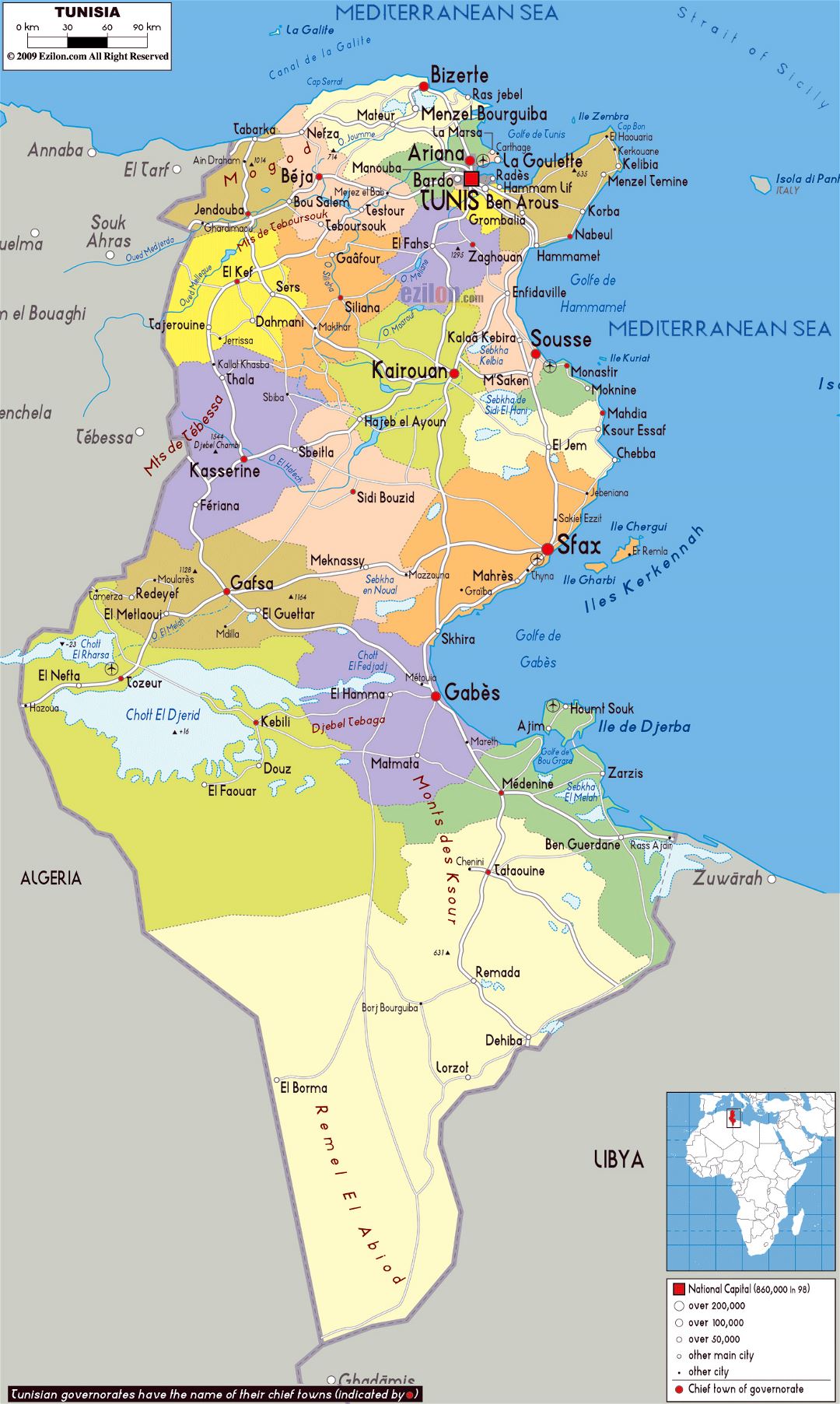Large political and administrative map of Tunisia with roads, cities and airports