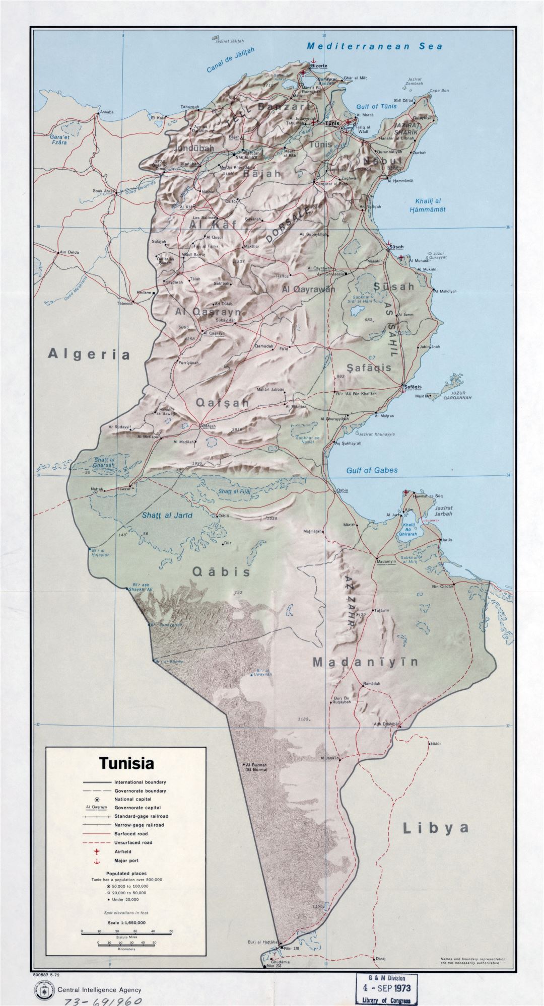 Large scale political and administrative map of Tunisia with relief, roads, railroads, major cities, ports and airports - 1972