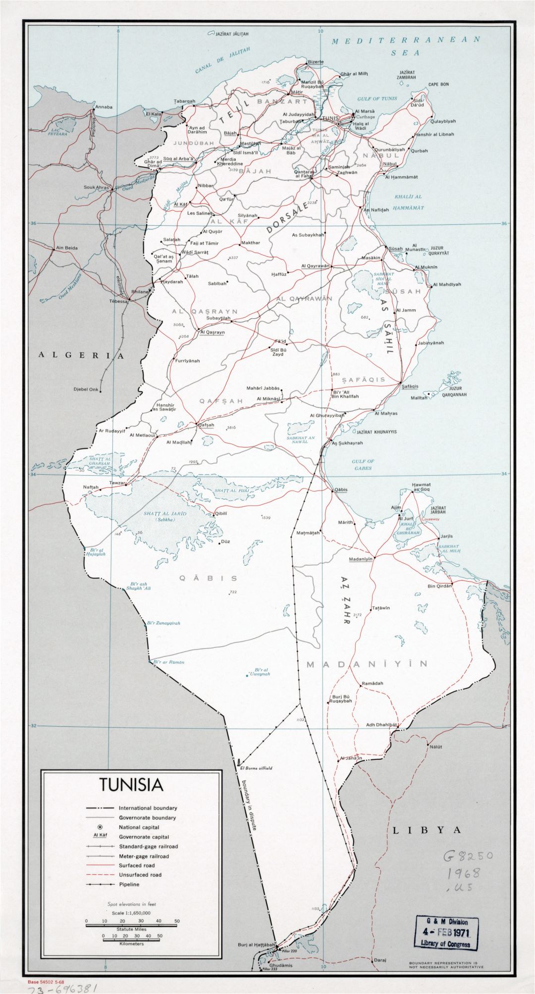 Large scale political and administrative map of Tunisia with roads, railroads, pipelines and major cities - 1968