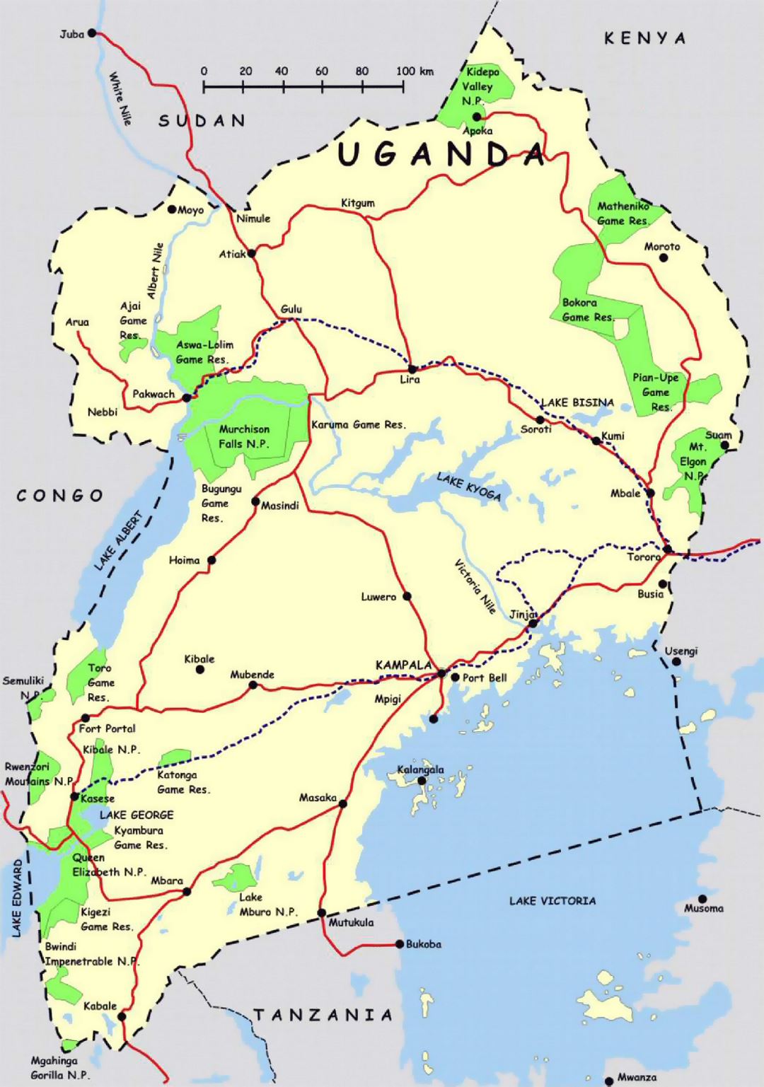 Detailed map of Uganda with highways and national parks