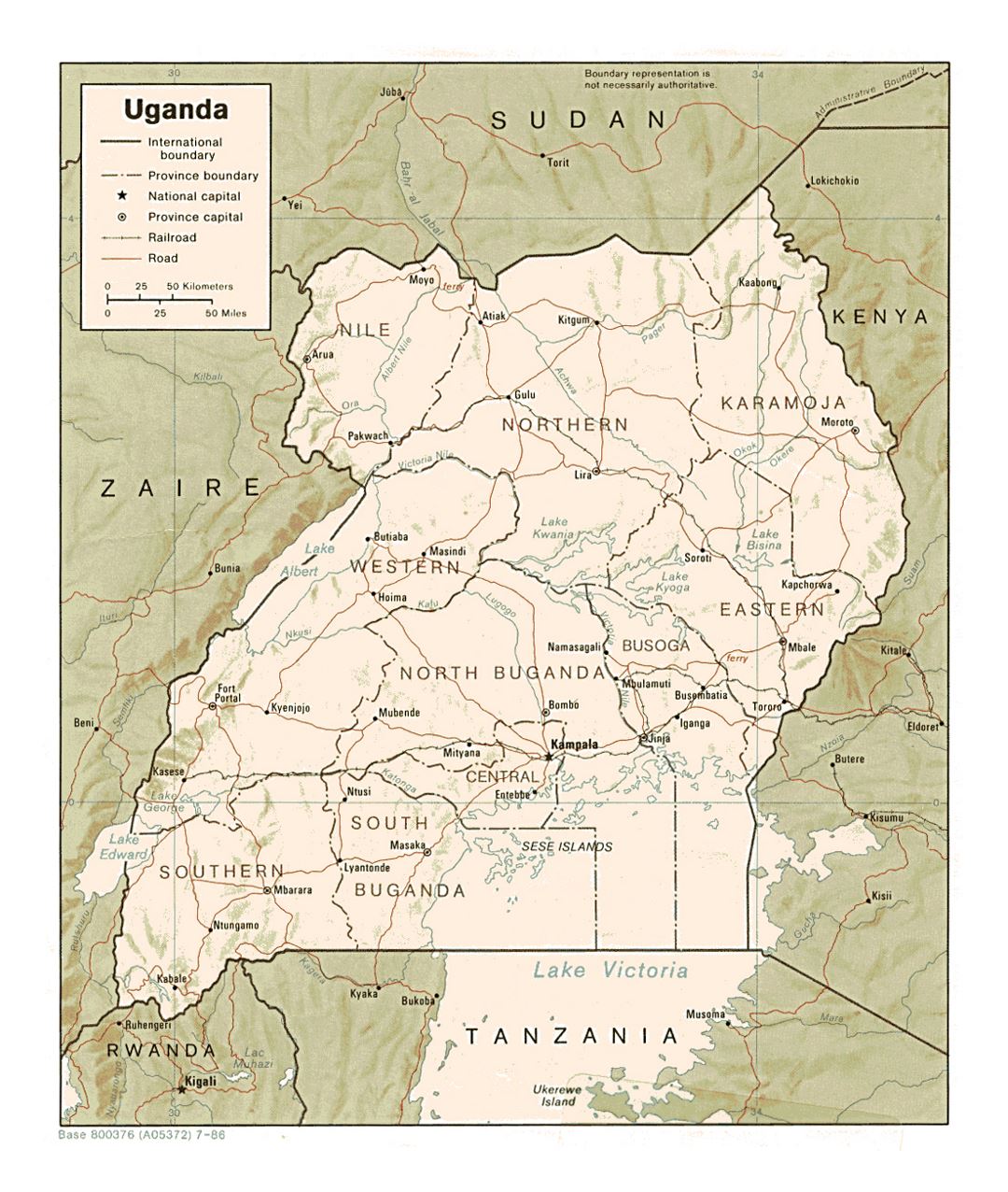Detailed political and administrative map of Uganda with relief, roads, railroads and major cities - 1986