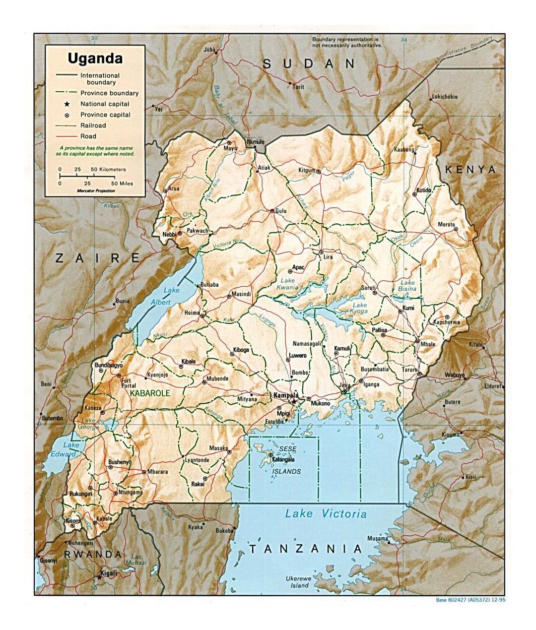 Detailed political and administrative map of Uganda with relief, roads, railroads and major cities - 1995