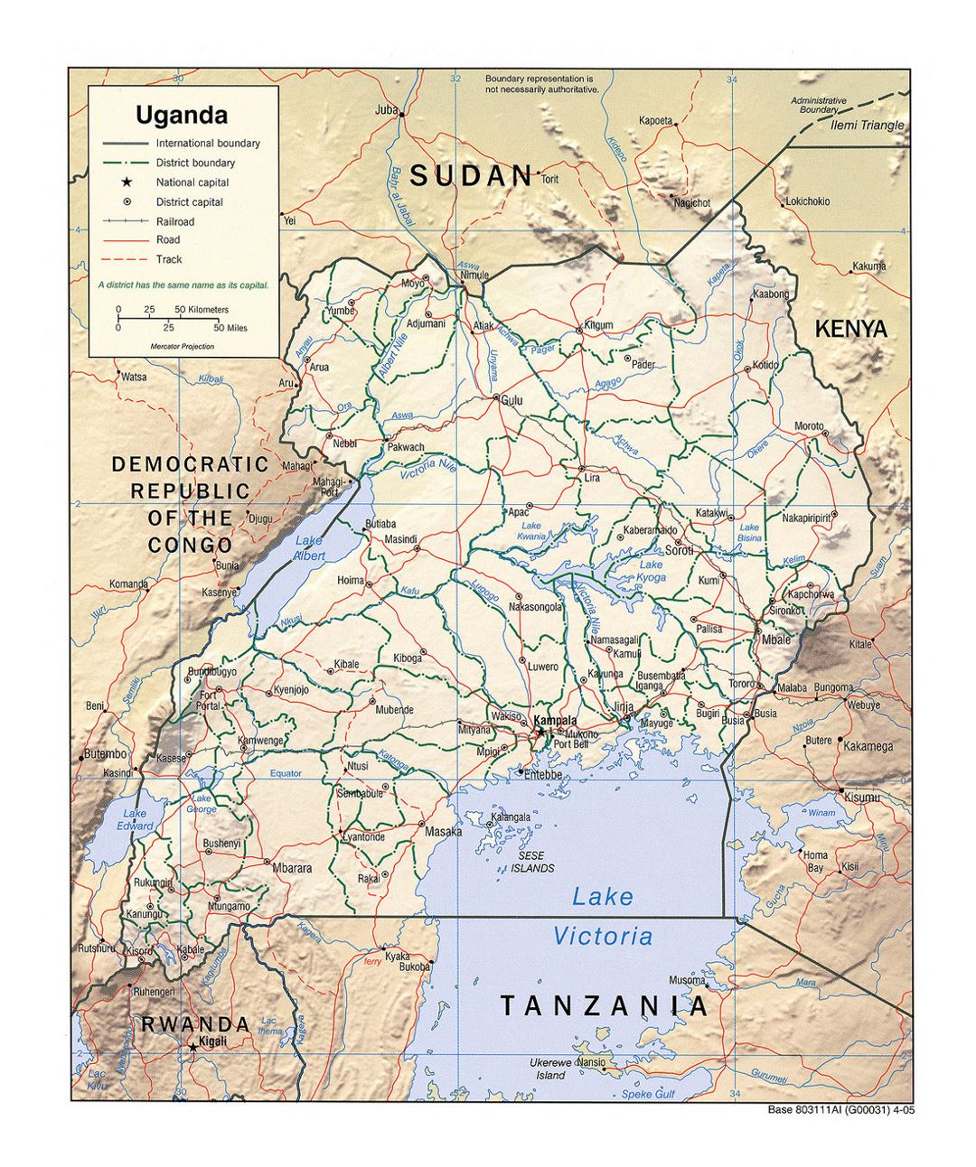 Detailed political and administrative map of Uganda with relief, roads, railroads and major cities - 2005