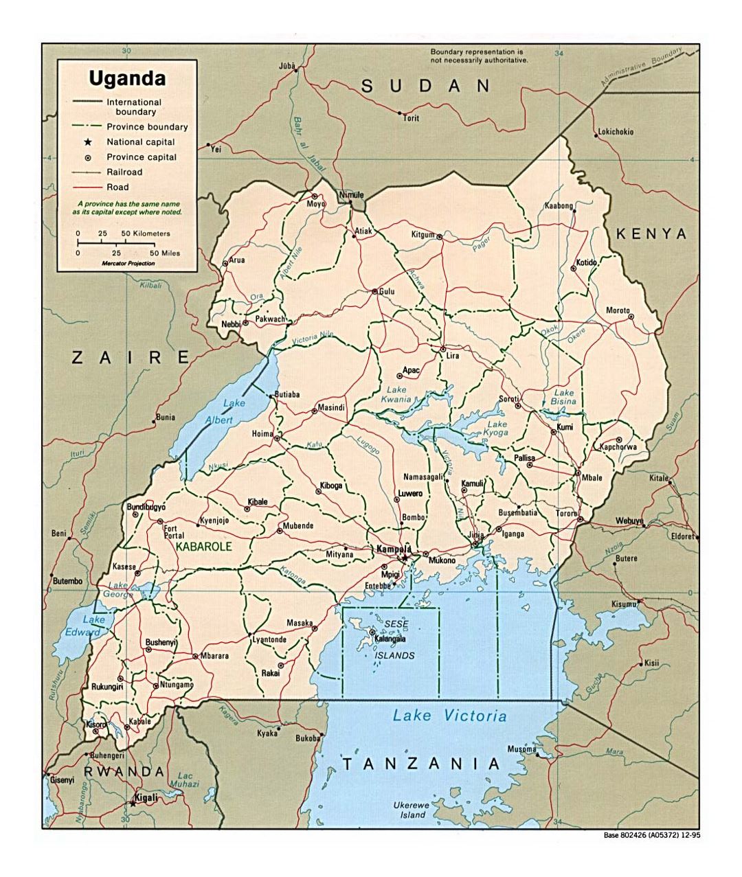 Detailed political and administrative map of Uganda with roads, railroads and major cities - 1995