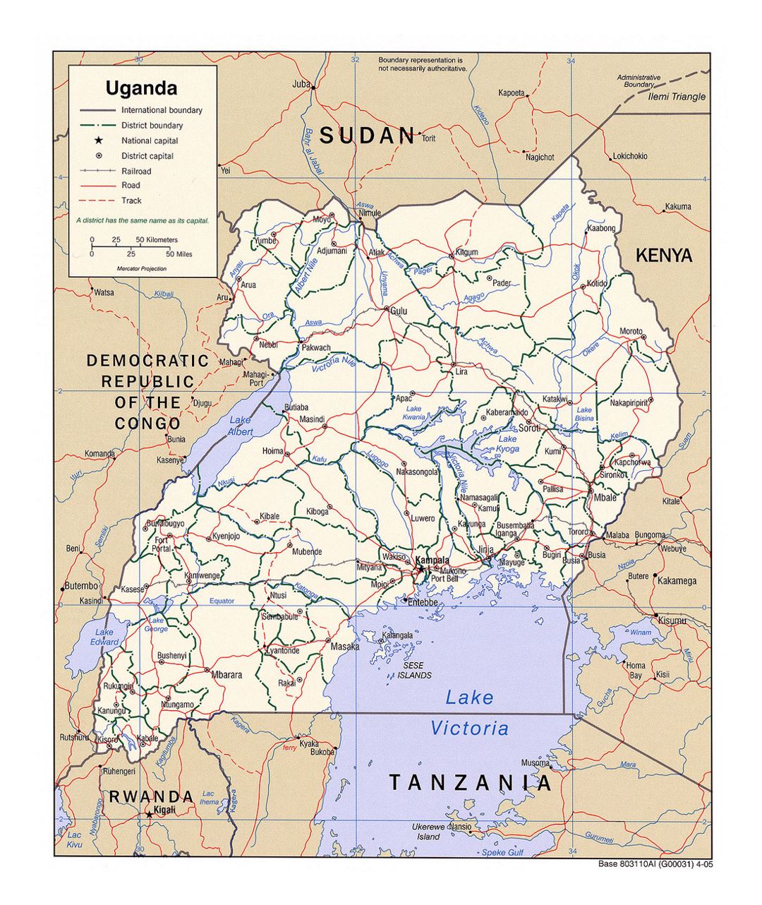 Detailed political and administrative map of Uganda with roads, railroads and major cities - 2005
