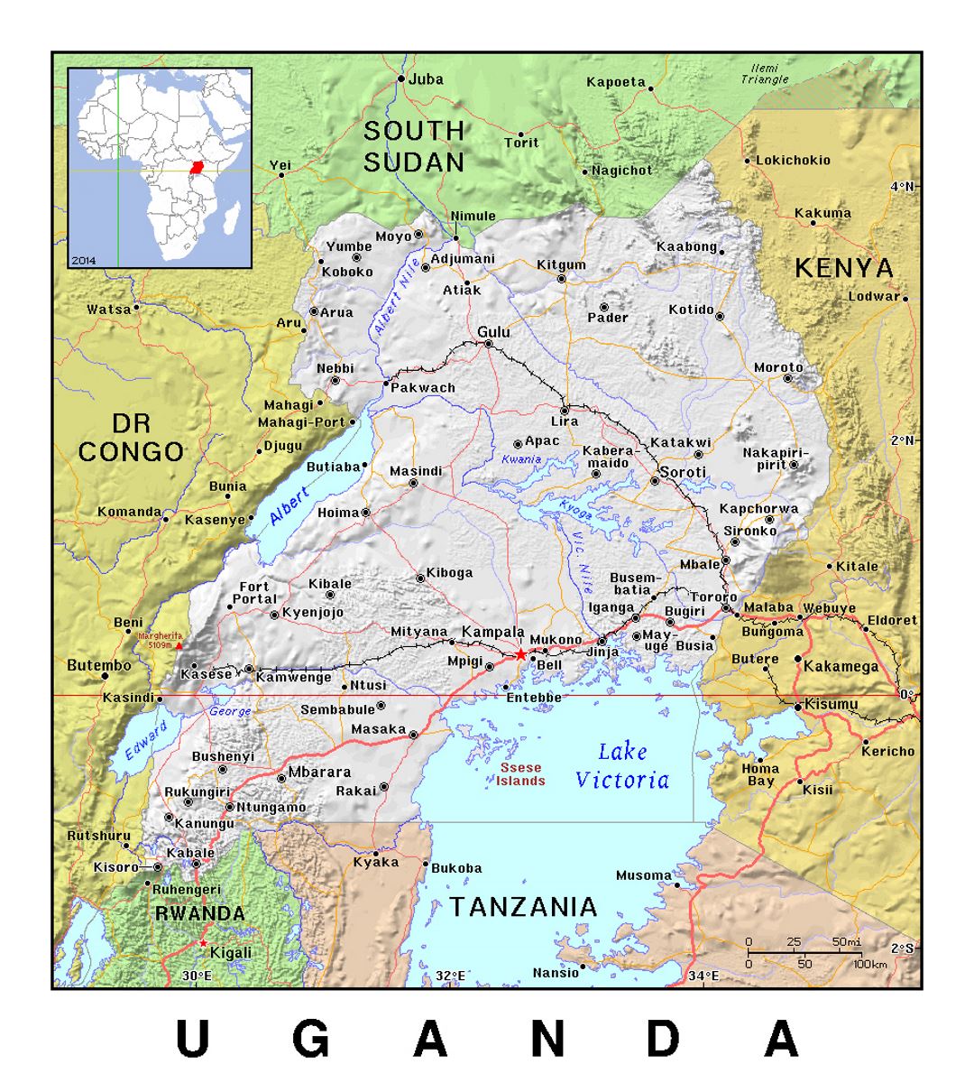 Detailed political map of Uganda with relief