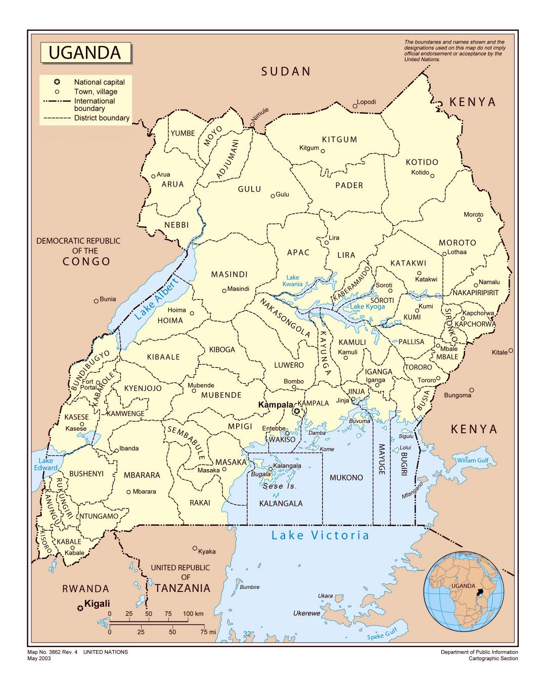 Large detailed political and administrative map of Uganda with major cities