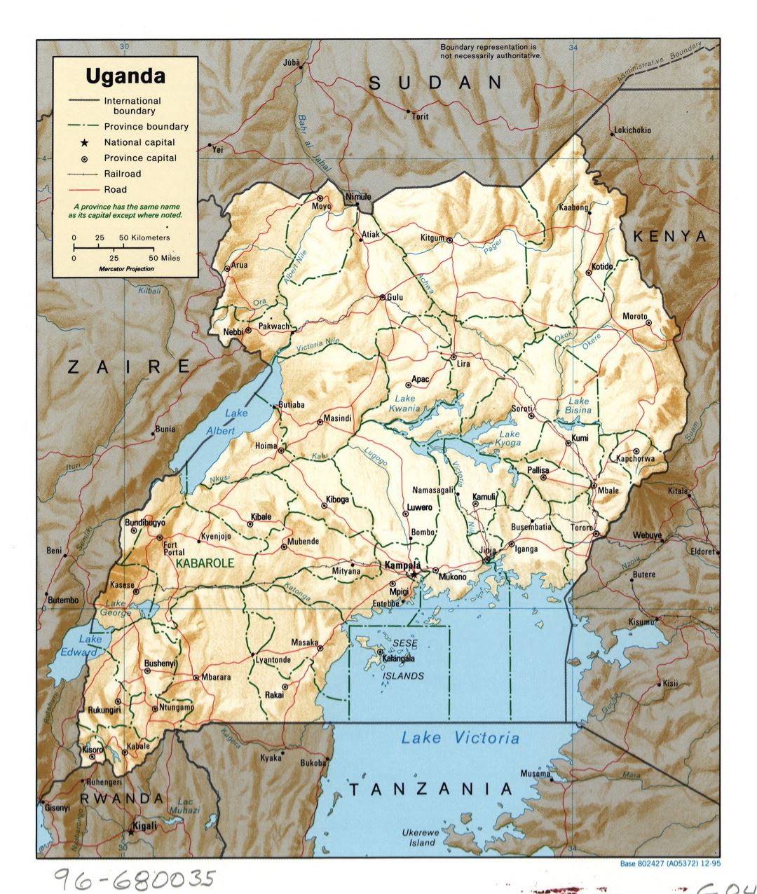 Large detailed political and administrative map of Uganda with relief, roads, railroads and major cities - 1995