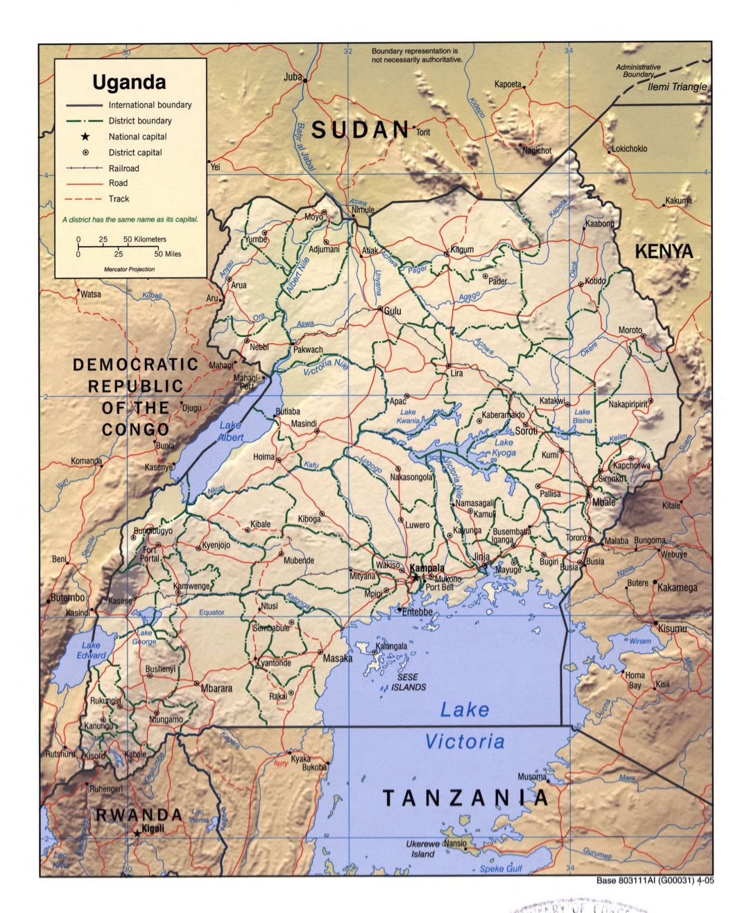 Large detailed political and administrative map of Uganda with relief, roads, railroads and major cities - 2005