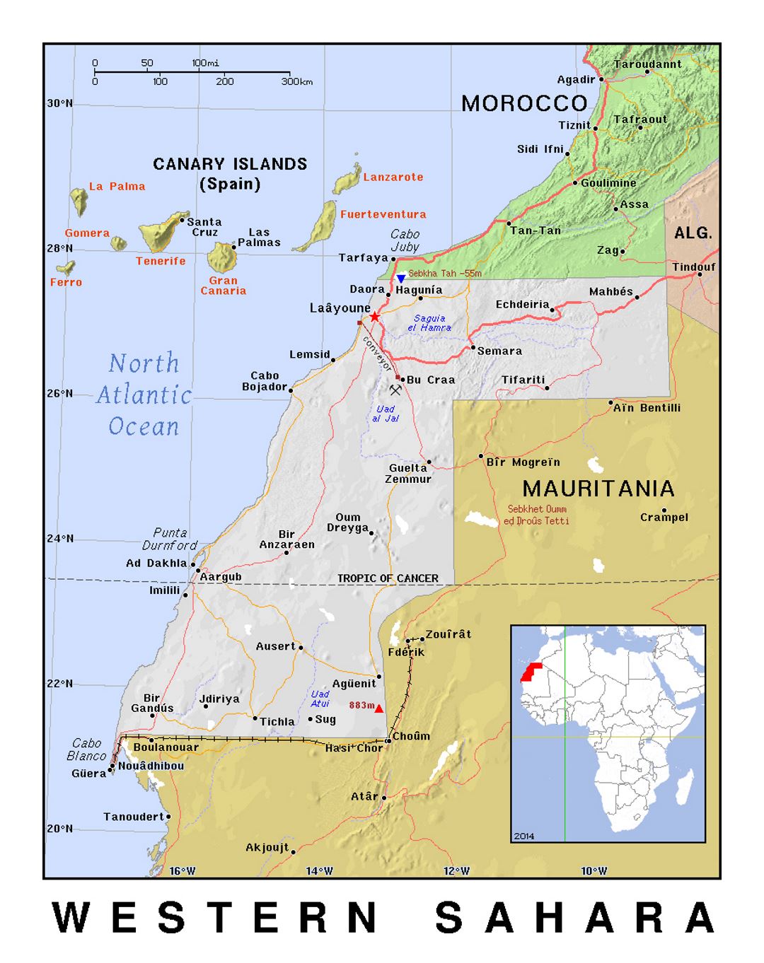 Detailed political map of Western Sahara with relief
