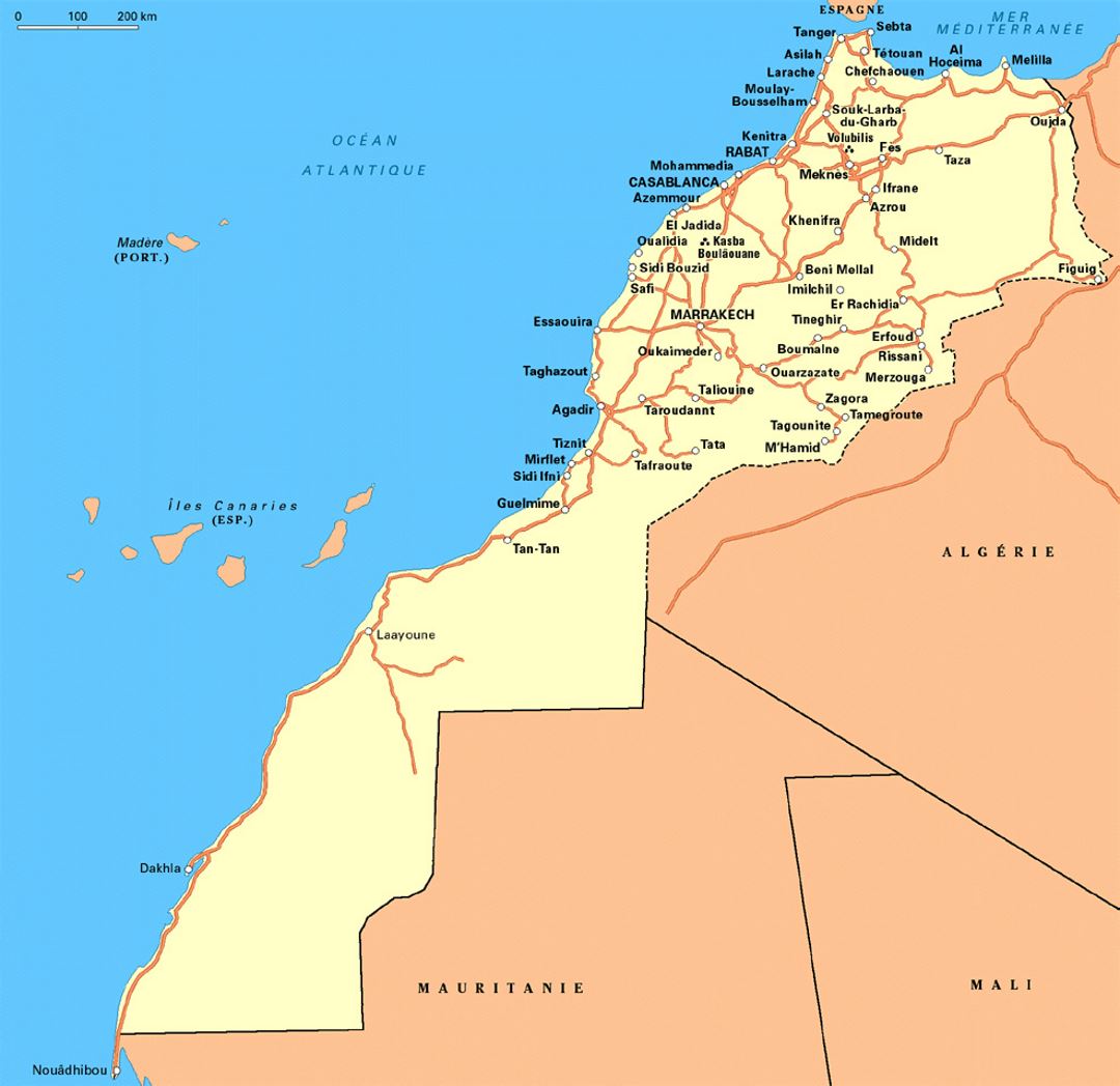Detailed road map of Western Sahara and Morocco