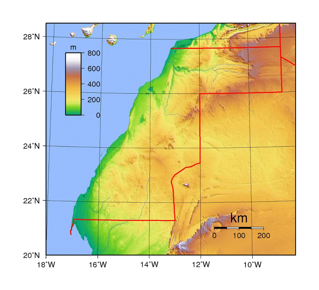 Detailed topographical map of Western Sahara