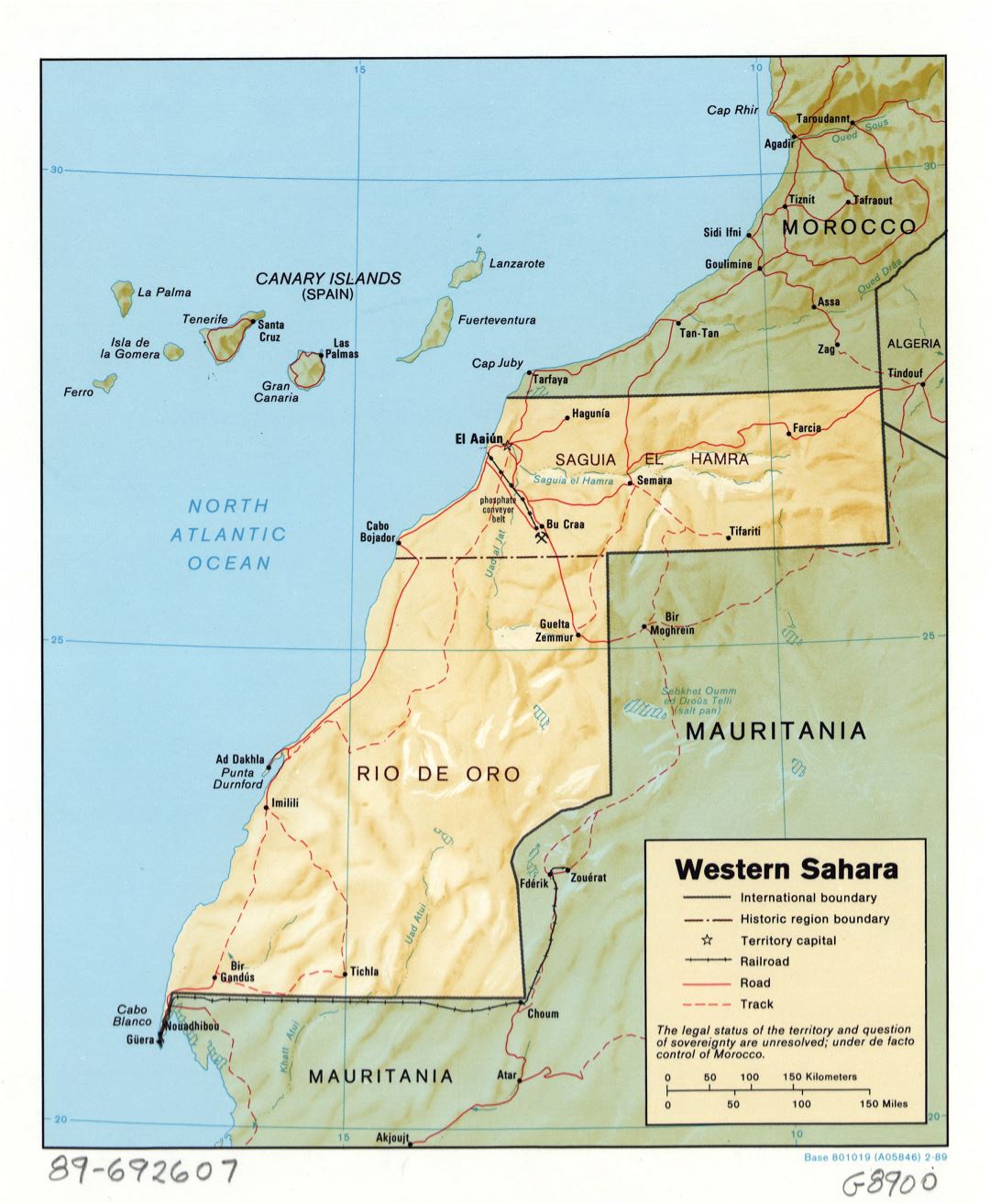 Large detailed political and administrative map of Western Sahara with relief, roads, railroads and major cities - 1989