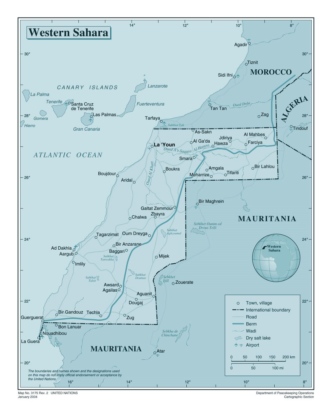 Large detailed political map of Western Sahara with roads, cities, airports and other marks