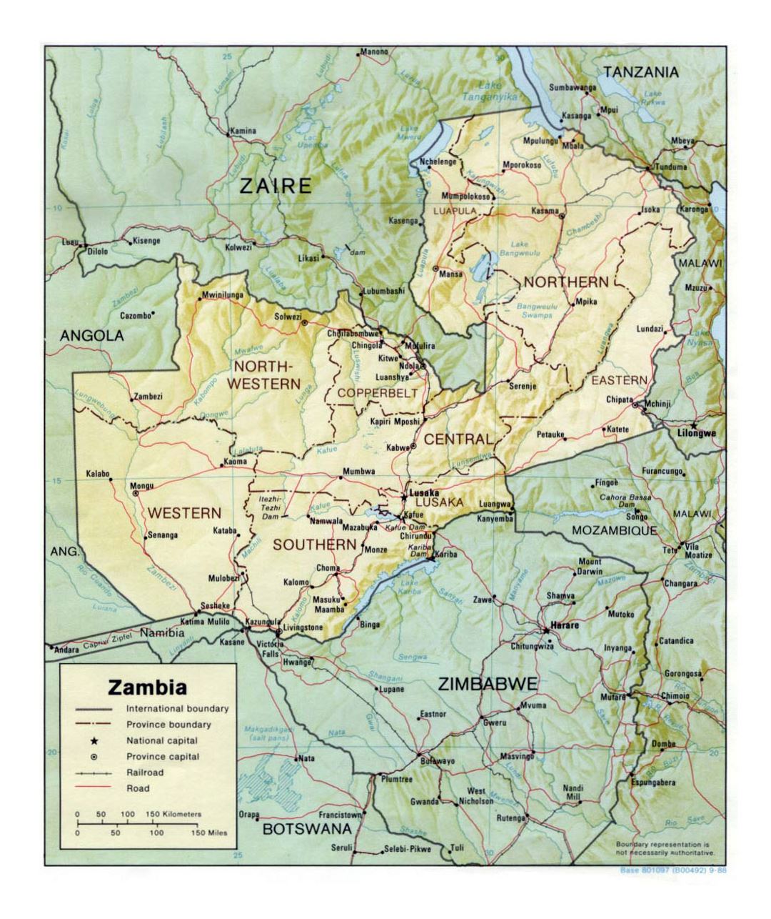 Detailed political and administrative map of Zambia with relief, roads, railroads and major cities - 1988