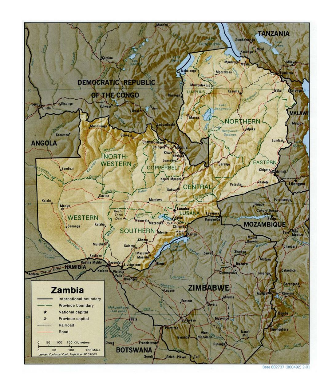 Detailed political and administrative map of Zambia with relief, roads, railroads and major cities - 2001