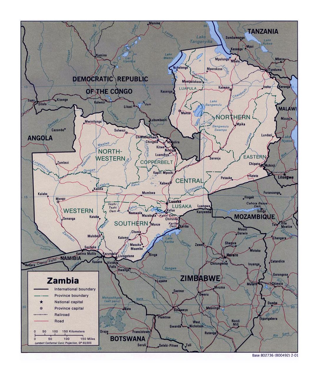 Detailed political and administrative map of Zambia with roads, railroads and major cities - 2001