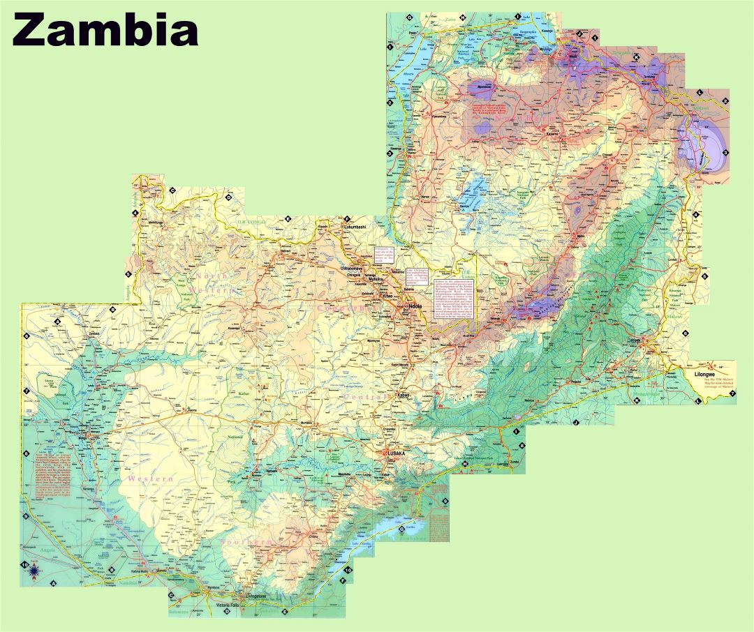 Large detailed elevation map of Zambia with roads, cities, towns and other marks