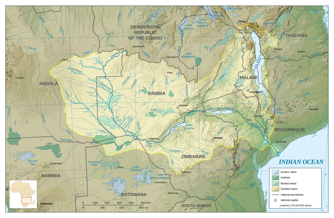 Large detailed hydrographic map of Zambia