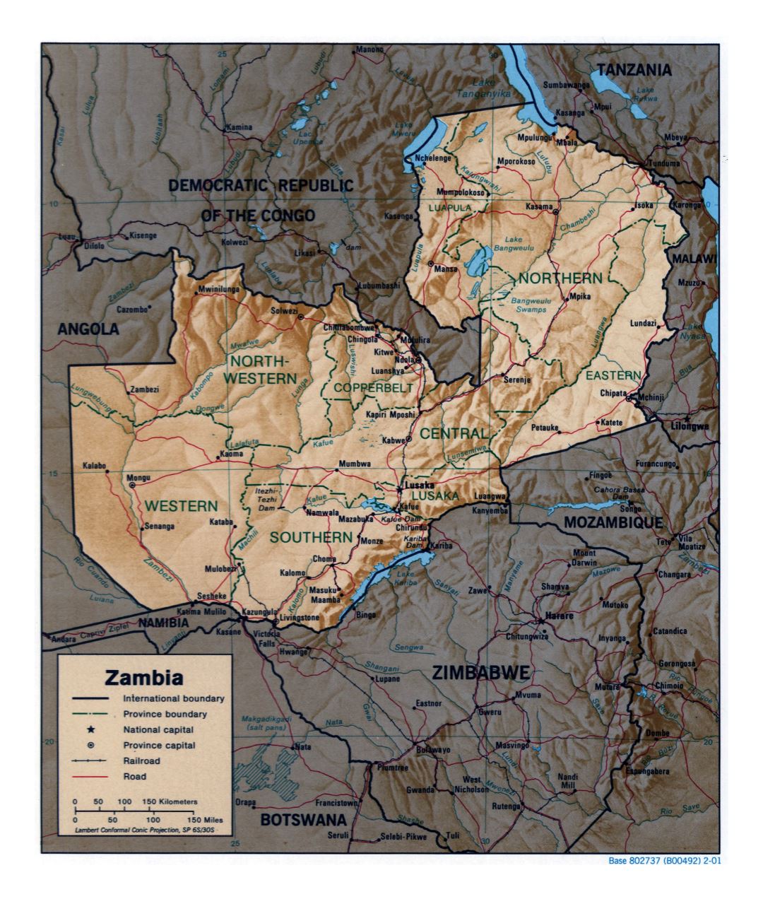 Large detailed political and administrative map of Zambia with relief, roads, railroads and major cities - 2001