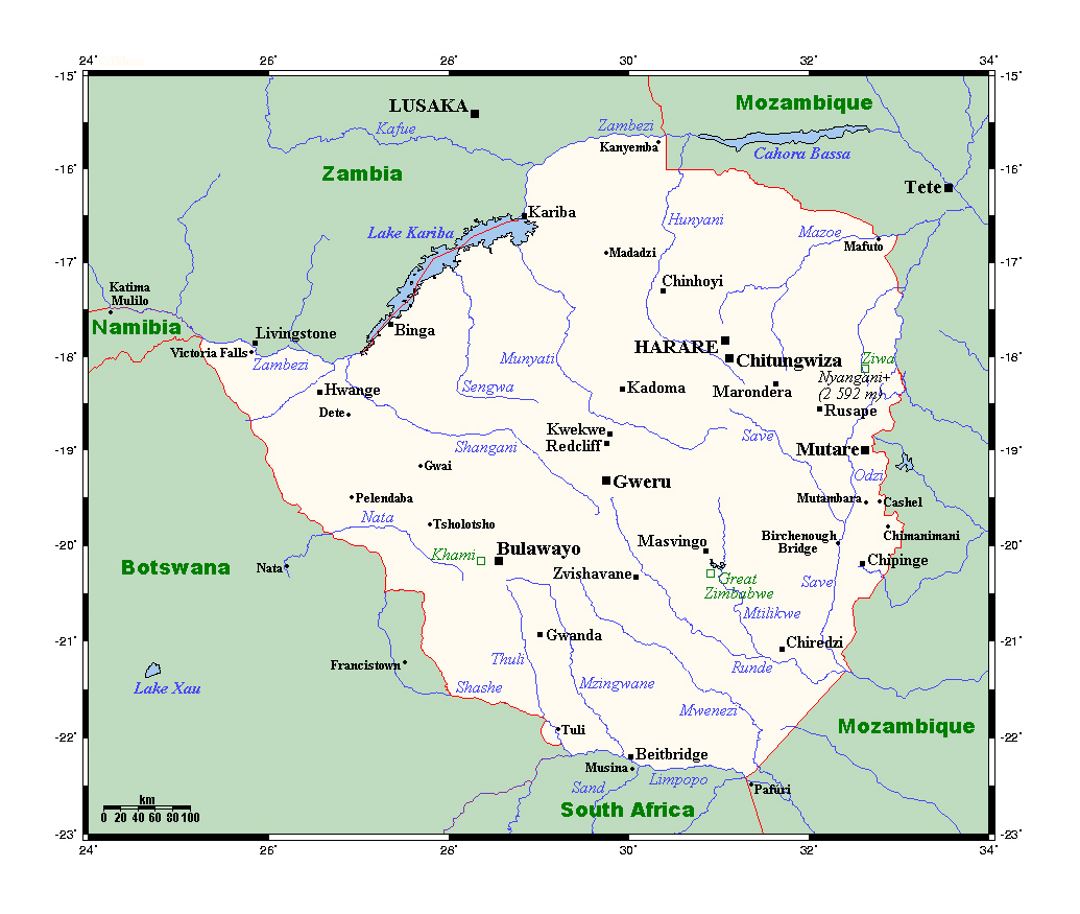 Detailed map of Zimbabwe with all cities