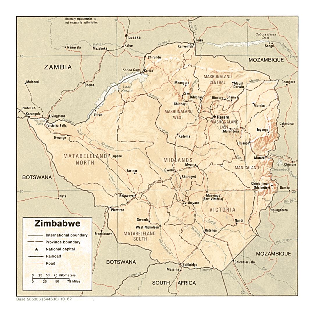 Detailed political and administrative map of Zimbabwe with relief, roads, railroads and major cities - 1982
