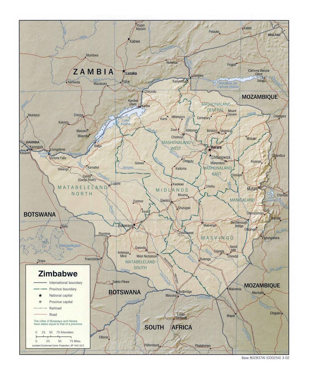 Detailed political and administrative map of Zimbabwe with relief, roads, railroads and major cities - 2002