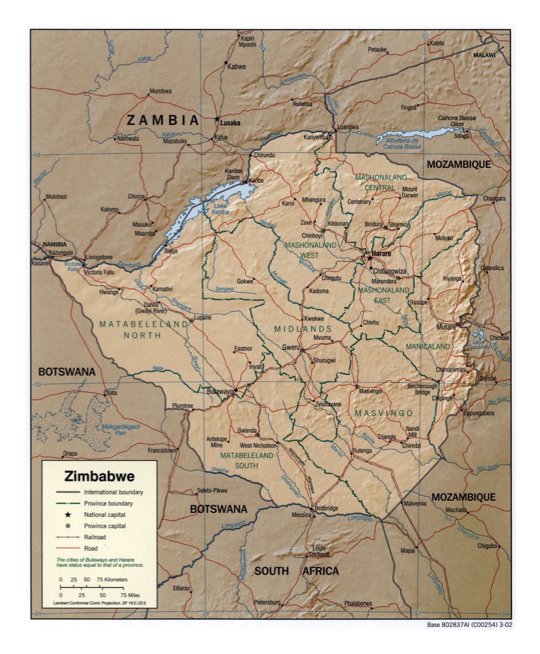Large detailed political and administrative map of Zimbabwe with relief, roads, railroads and major cities - 2002