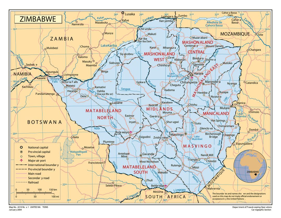 Large detailed political and administrative map of Zimbabwe with roads, railroads, cities and airports
