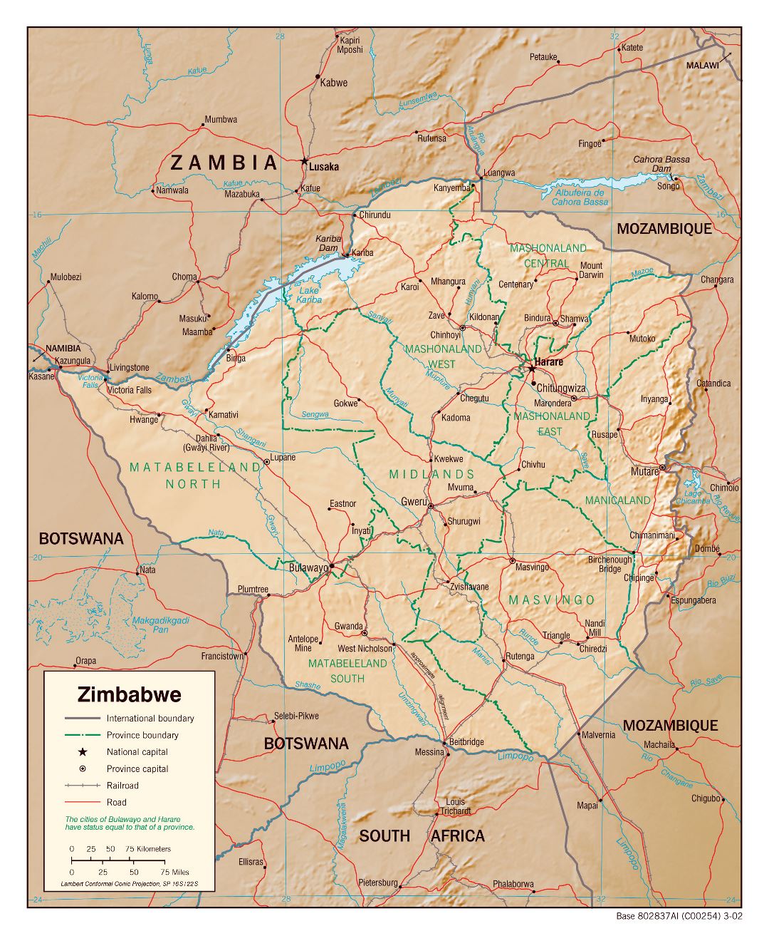 Large political and administrative map of Zimbabwe with relief, roads, railroads and major cities - 2002