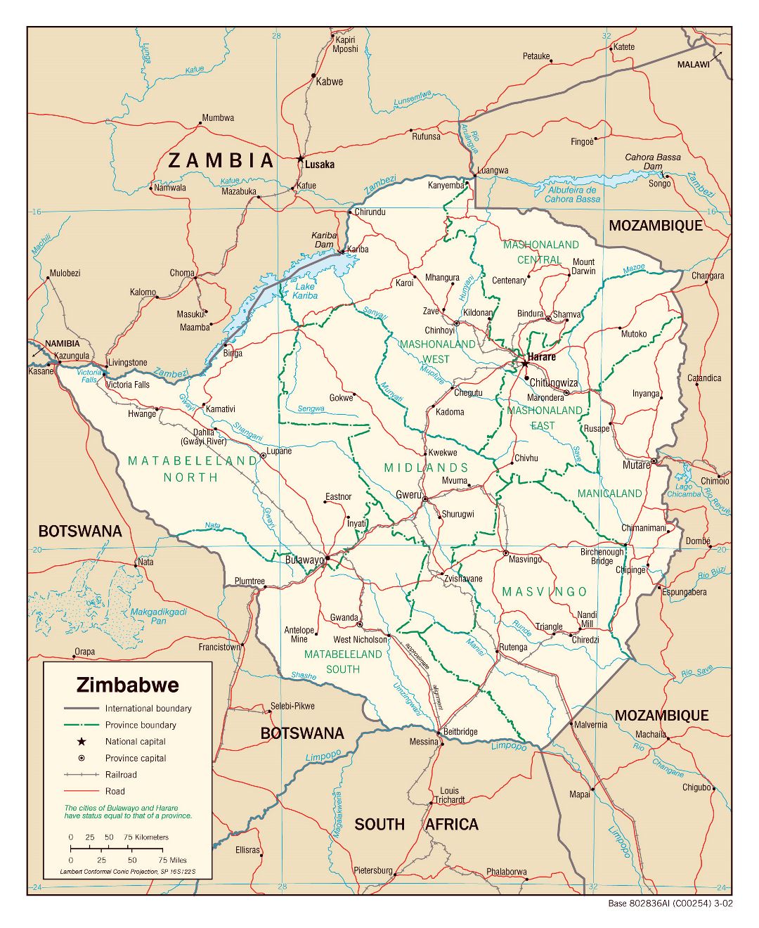 Large political and administrative map of Zimbabwe with roads, railroads and major cities - 2002