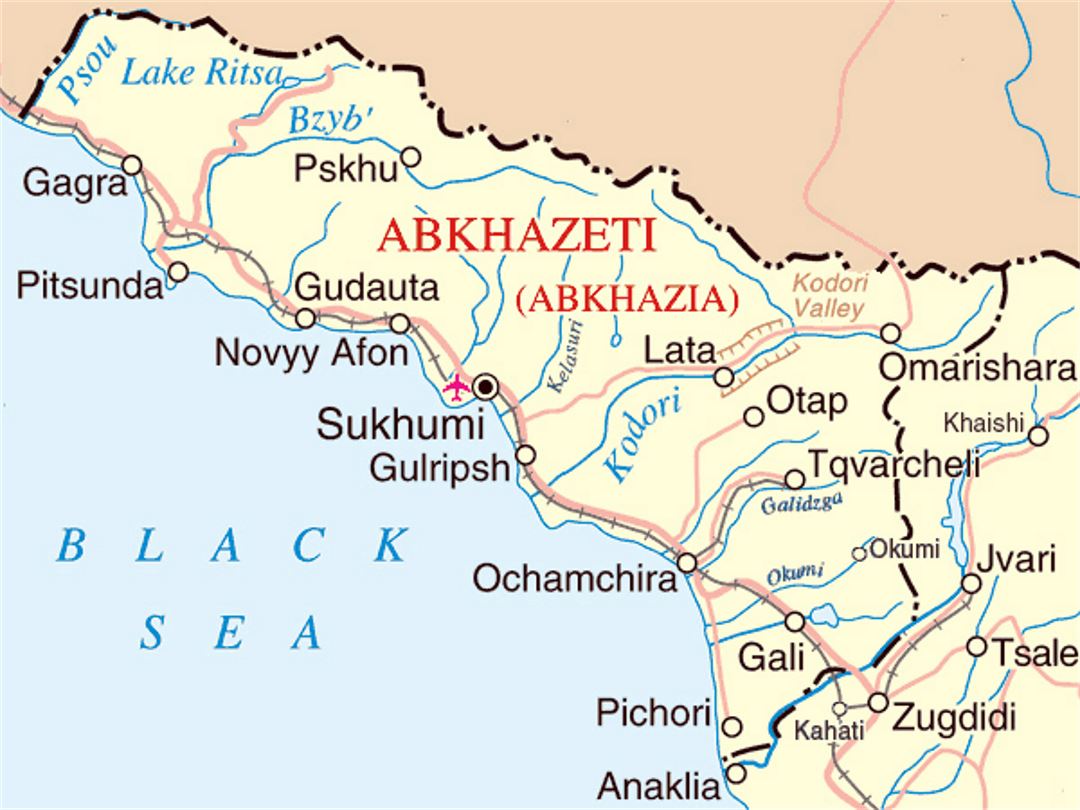 Small map of Abkhazia with roads, railroads, cities and airports