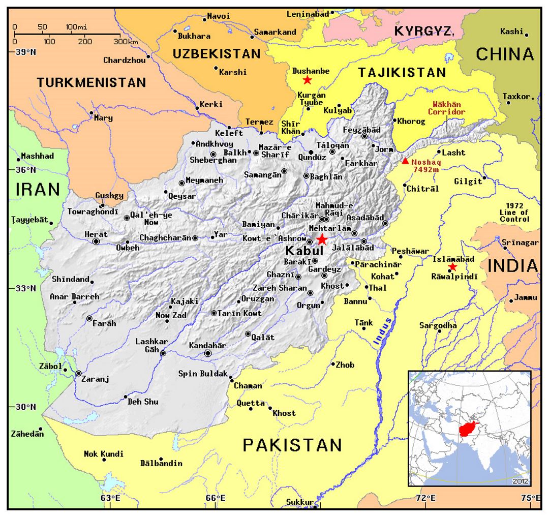 Detailed political map of Afghanistan with relief