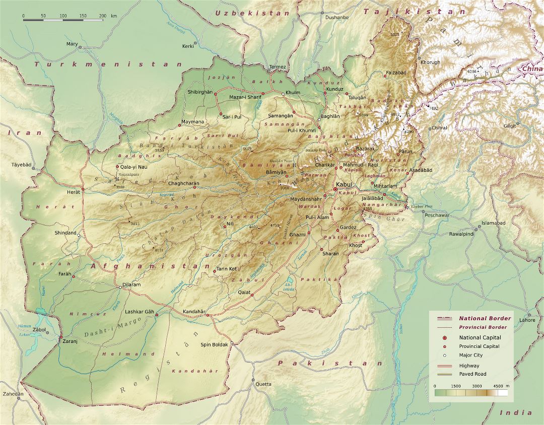 Large detailed physical map of Afghanistan with roads, highways and major cities