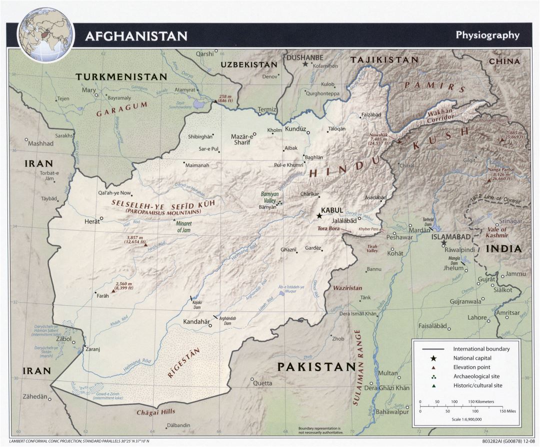Large detailed physiography map of Afghanistan - 2008