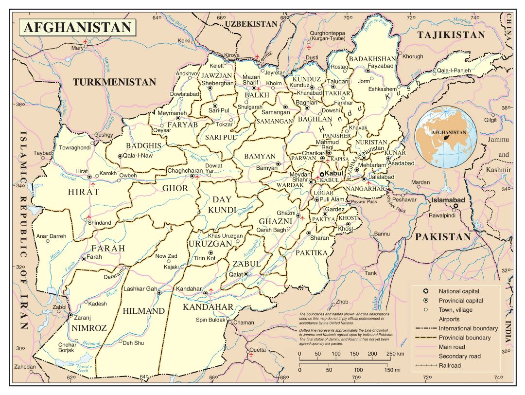 Large detailed political and administrative map of Afghanistan with roads cities and airports