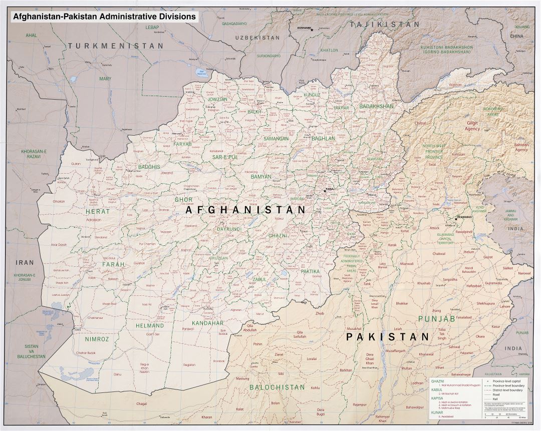 Large scale administrative divisions map of Afghanistan and Pakistan with relief - 2008