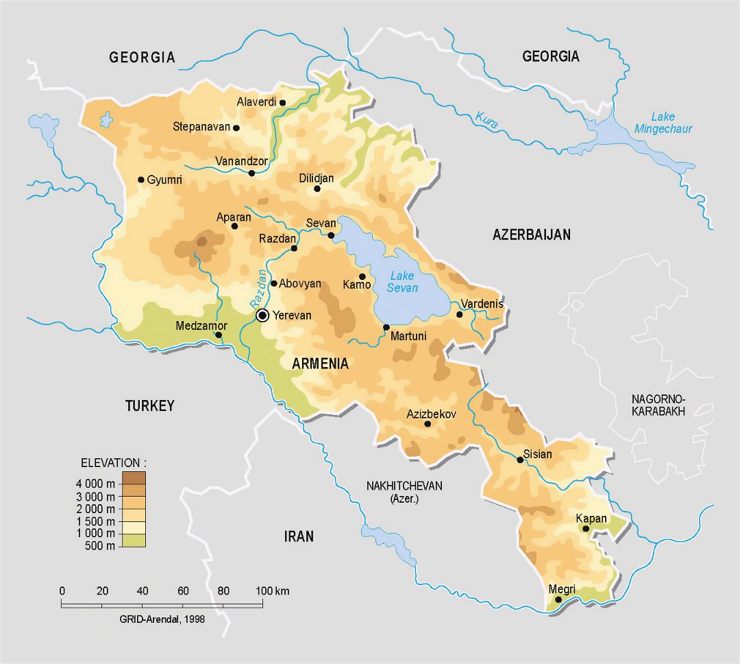 Detailed physical map of Armenia