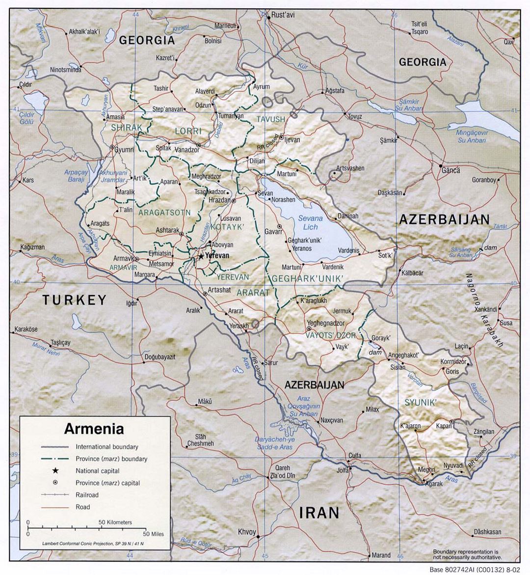 Detailed political and administrative map of Armenia with relief, roads and cities - 2002