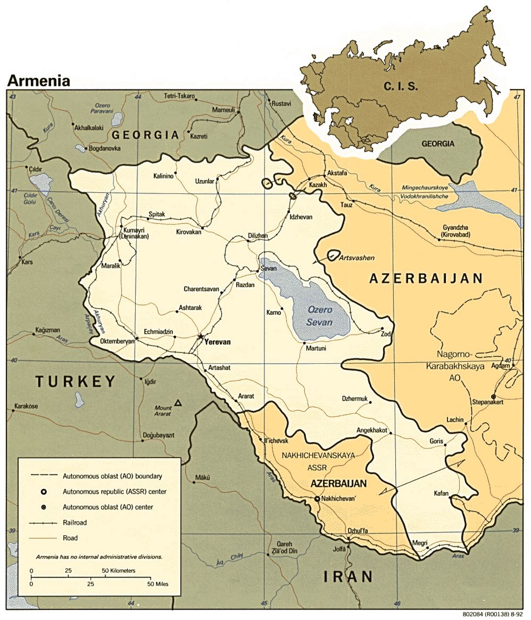 Detailed political map of Armenia with roads, railroads and major cities - 1992