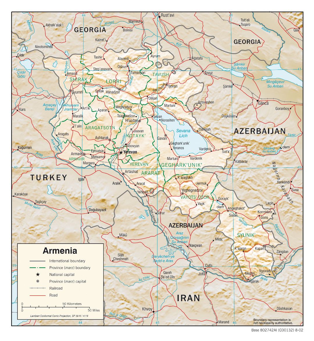 Large detailed political and administrative map of Armenia with relief, roads and cities - 2002