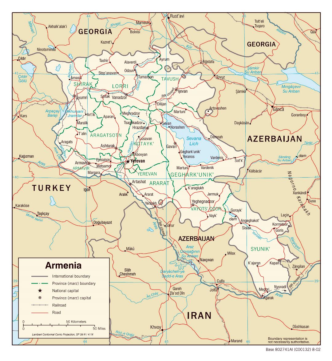 Large detailed political and administrative map of Armenia with roads and cities - 2002