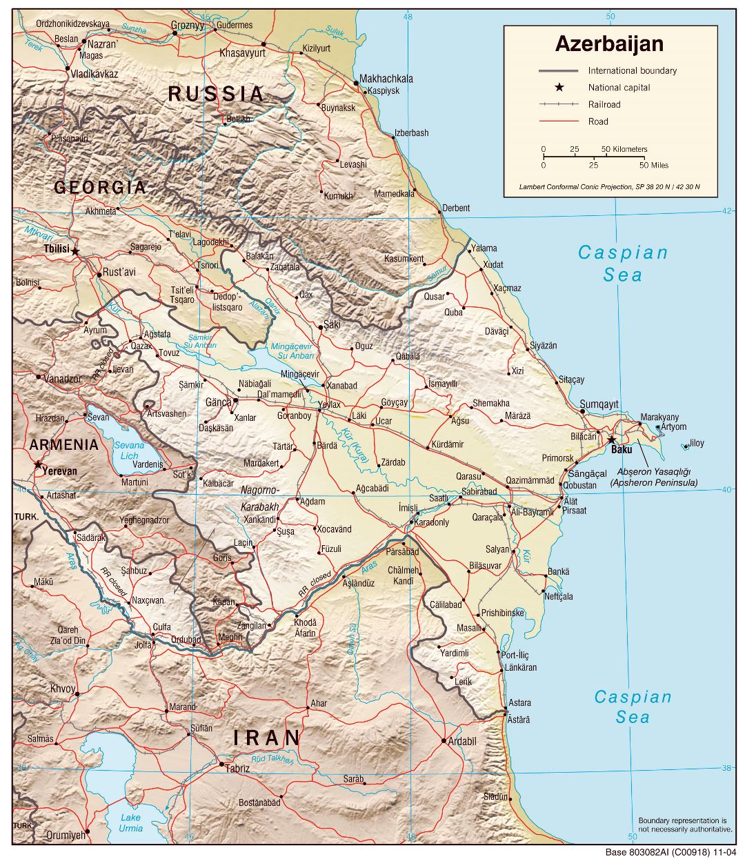 Large detailed political map of Azerbaijan with relief, roads and major cities 2004